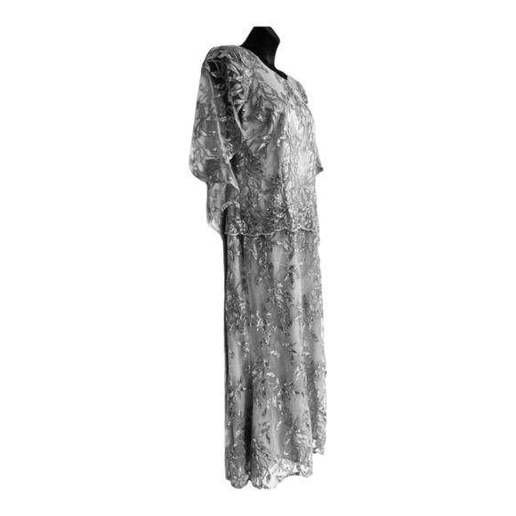 Midnight Velvet Sequin Floral Formal Gray Evening Gown Black Tie Maxi Maxi Dress - Picture 5 of 16